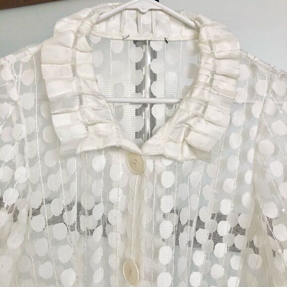 Vintage White Sheer Tulle Lace‎ Polka Dots 3/4 Sleeve Adjust Collar Jacket SzS - Picture 6 of 8